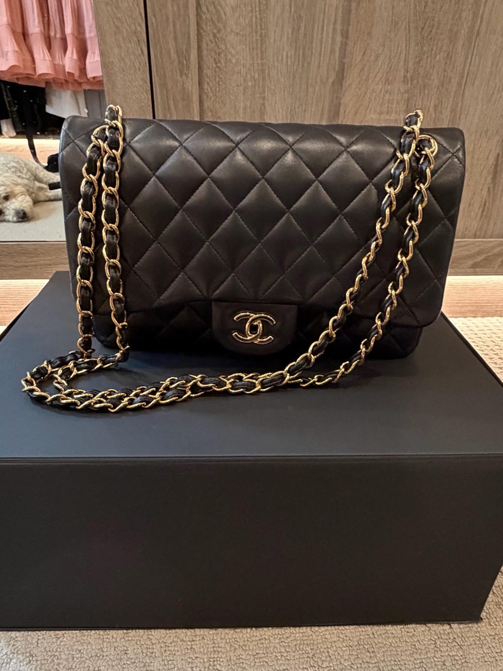 Authentic CHANEL Jumbo Black Quilted Leather double flap gold hardware